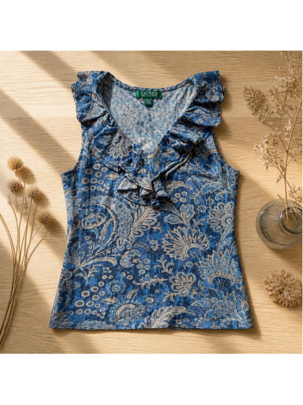 Lauren Ralph Lauren Blue Beige Paisley Ruffle Blouse Size MP
